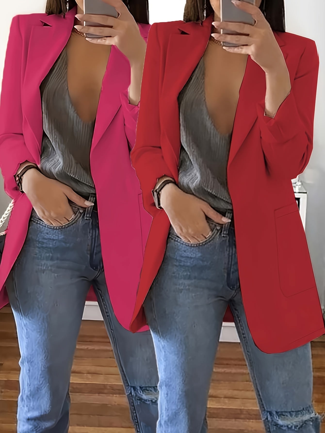 2pcs Stylish Solid Color Blazer & Top Set for Women - Casual Long Sleeve Buttonless Placket with Pockets, Polyester, H-Line, Spring/Summer/Fall, Casual Attire|Modern Casualwear|Polyester Jacket